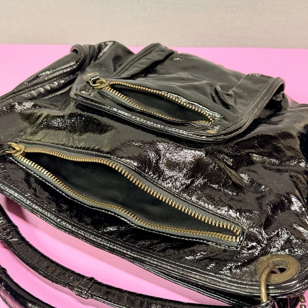 Black Patent Leather Hobo Bag Slouchy Y2K Style, Hobo Goth Moto Andrea Brueckner